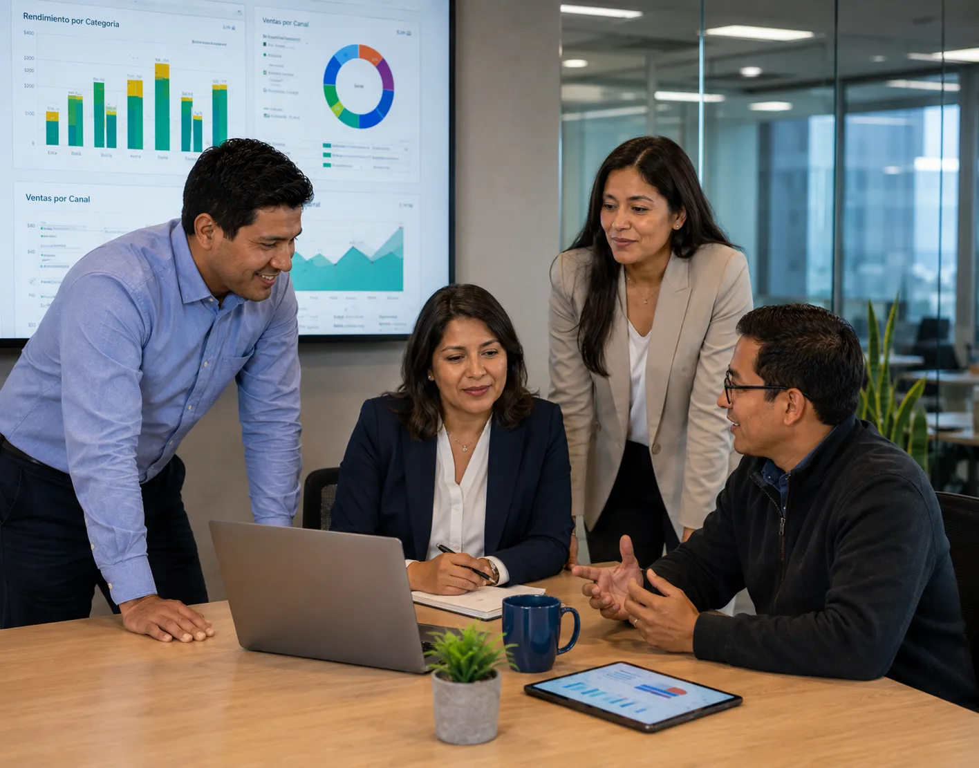 Equipo de trabajo Maia Business colaborando y analizando datos